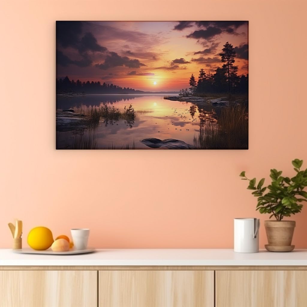 Canvas for Living room. Serene Waterfront Splendor Bathed in Sunset's Warm Glow, 27 x 18 inch Canvas Wall Art - Contemporary Masterpieces - Modern Home Decor