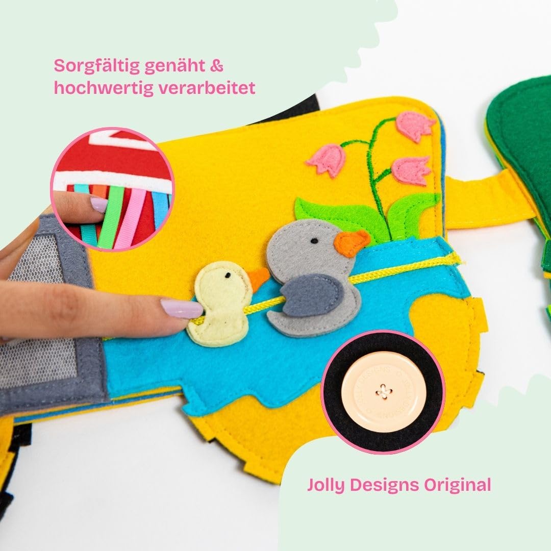 Jolly Designs Travel Buddy Trattore, libro di gioco Montessori e Quiet Book a partire da 1 anno, giocattolo sensoriale & Busy Board per passeggino, auto e viaggi, libro in tessuto per bambini piccoli