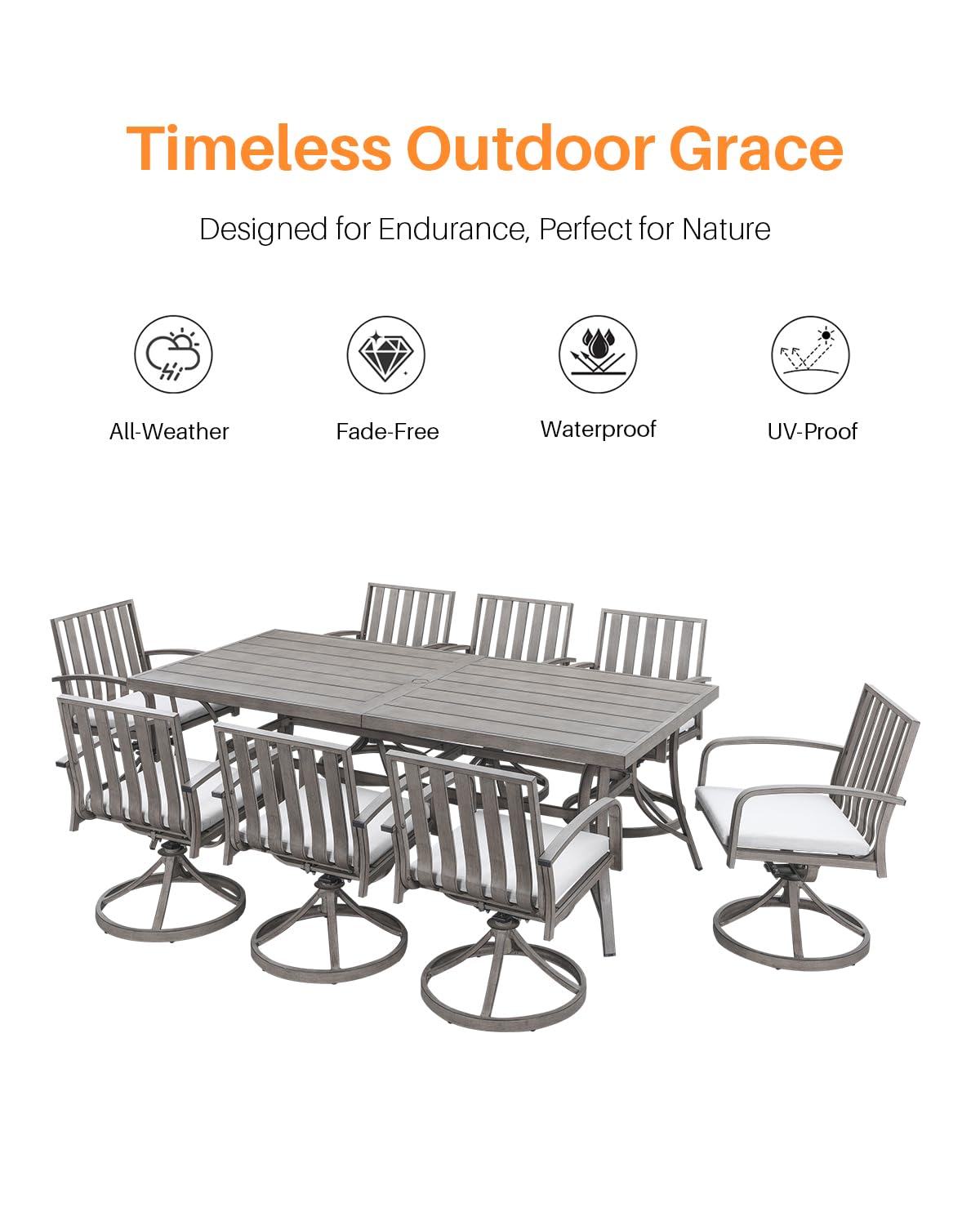 Juego de comedor al aire libre de 9 piezas, juego de comedor de aluminio de roble limado con sillas giratorias, juego de mesa y sillas de patio para todo tipo de clima para 8 personas con 6