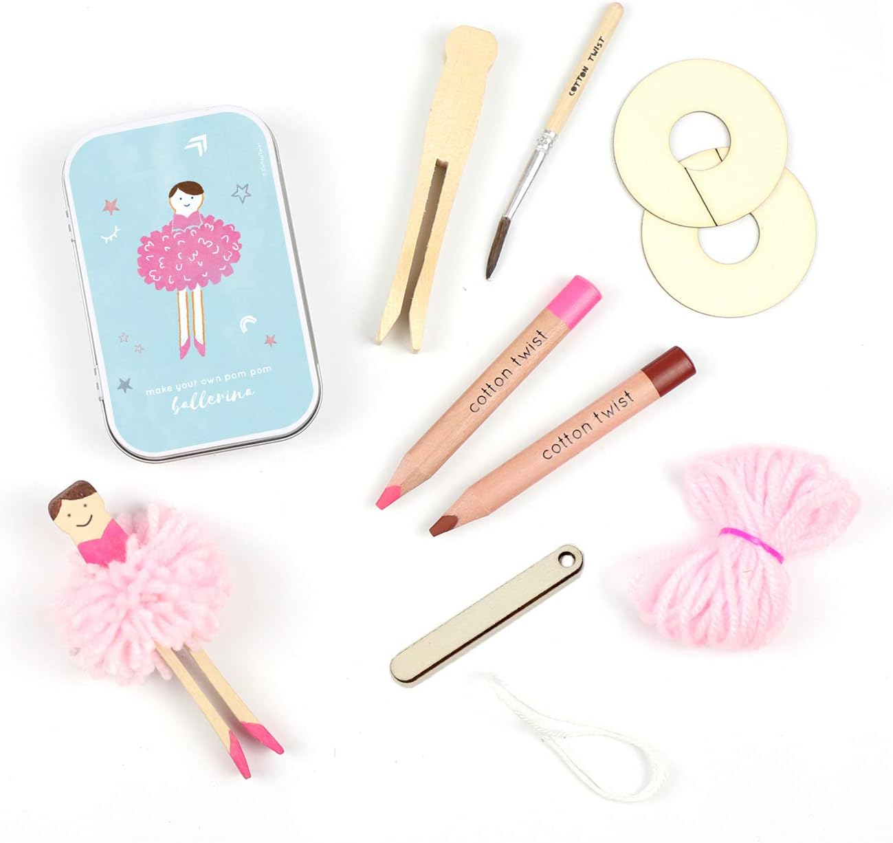 COTTON TWIST Kids Make Your Own Pom Pom Ballerina Craft Kit - Unisex Children Creative Fun Game Play Set Activity Box for Boys and Girls with Gift Tin