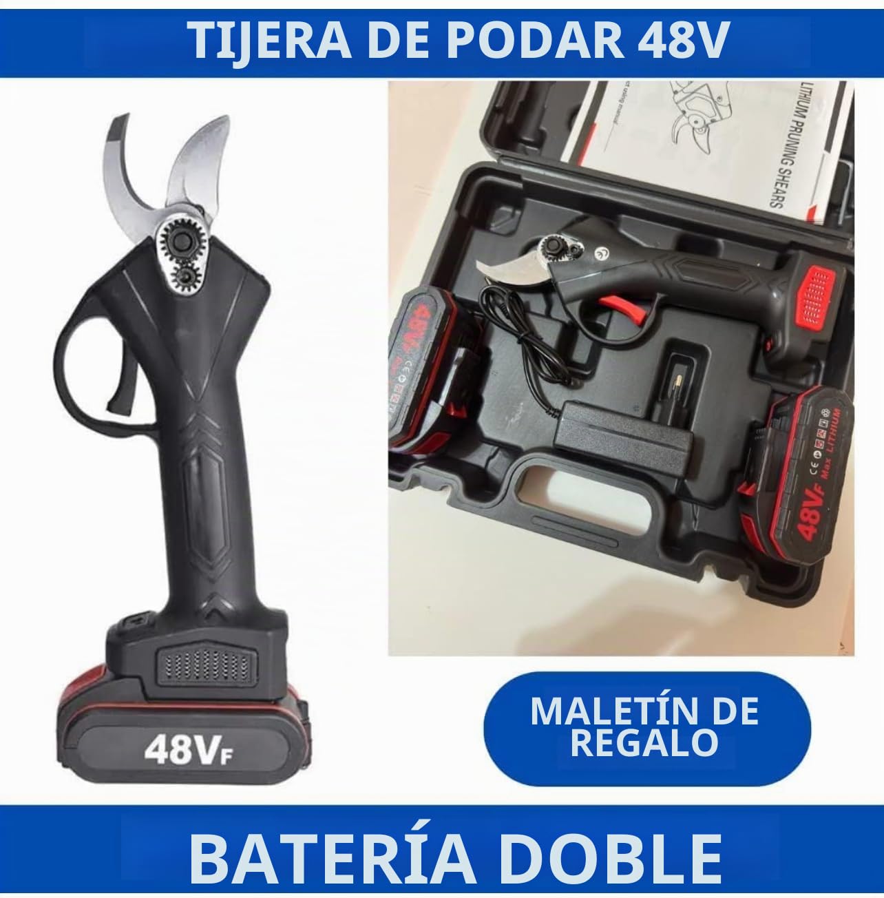 Bdit accesorios Tijeras de Poda con 2 Baterías de 48V Trituradora de Ramas Profesional Tijeras Eléctricas Tijera de Jardín Árboles Frutales Inalámbrica Sin Cables Arbustos, verde azul
