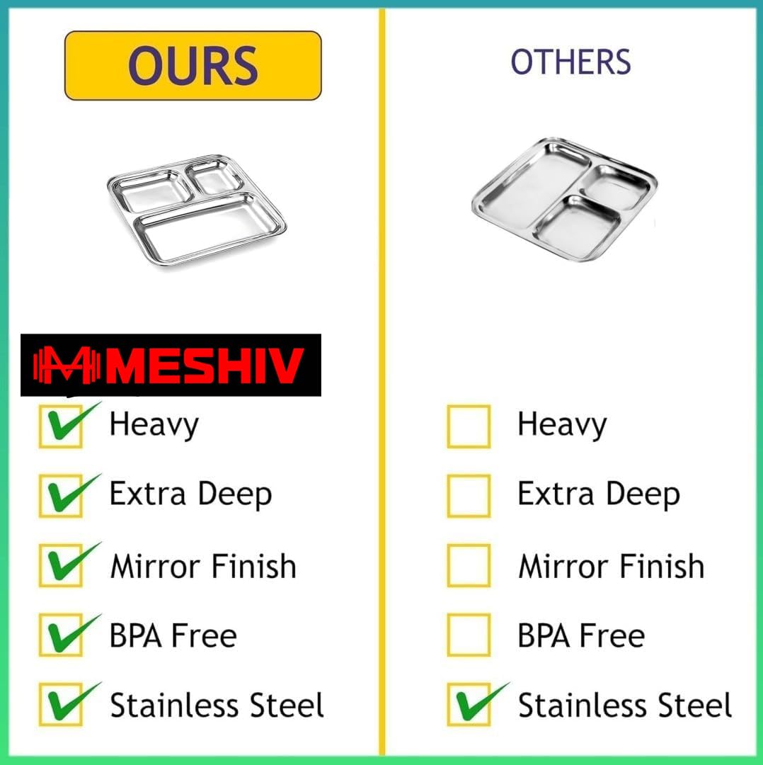 Pack of 6 Stainless Steel Dinner Plates with Compartment for Kids, Divided/Partition Plates, Lunch Dinner Breakfast Tiffin Plate (Small 3-in-1 Dinner Plates - Pack of 6 - Square) — Amazon image 4