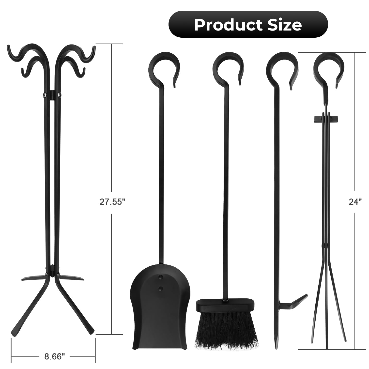 Kaminbesteck aus robustem Stahl, 5-teiliges Set mit Holzzange, Ascheschaufel, Schürbürste und Ständer, langlebig, hitzebeständig und rostfrei, modernes schwarzes Design für den Innen- und