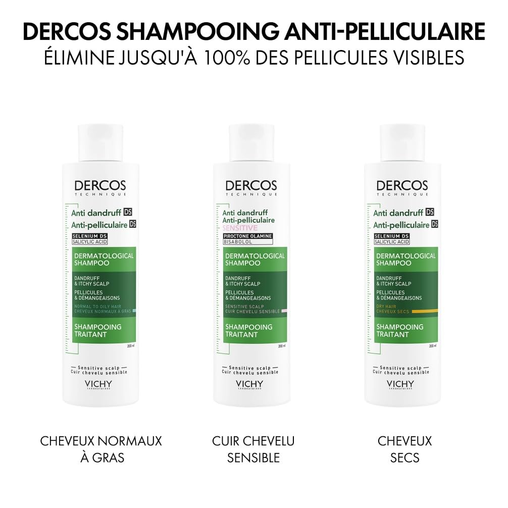 Vichy, Dercos, Shampooing Traitant Anti-Pelliculaire, Pellicules & Démangeaisons, Cuir Chevelu Sensible, 200ml