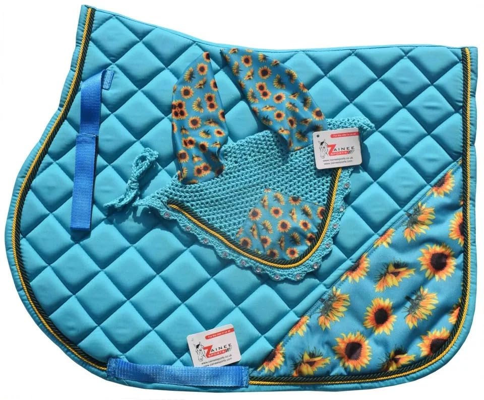 Zainee Sports Teal Sunflower All Purpose English Saddle Pad with Matching Fly Bonnet – Handmade Jumping Saddle Pad Set (Horse/Full)