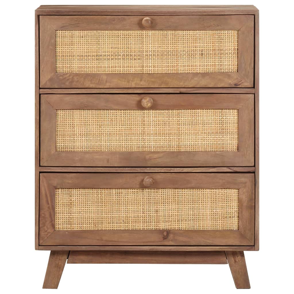Aparador 61 x 35 x 76 cm, madera maciza de mango, armario rústico de madera con 3 cajones, mimbre natural, muebles de almacenamiento robustos para salón y cocina