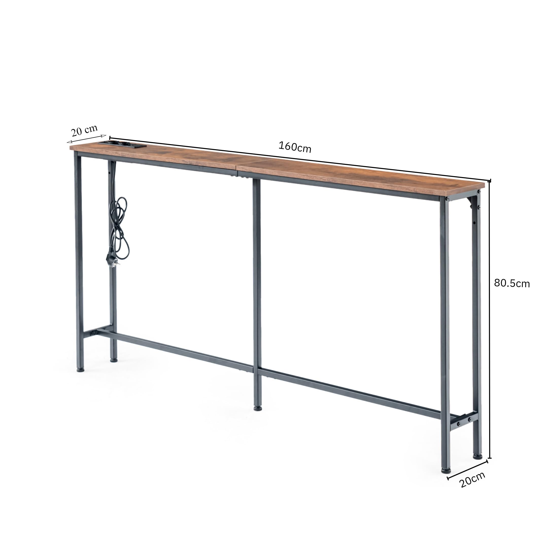 GOKHOMX Consoletafel 180 cm met 2 stopcontacten en 2 USB-poorten, smalle consoletafel, 20 cm breed, meubels achter de bank, voor woonkamer, entree, hal, hal, bruin en zwart