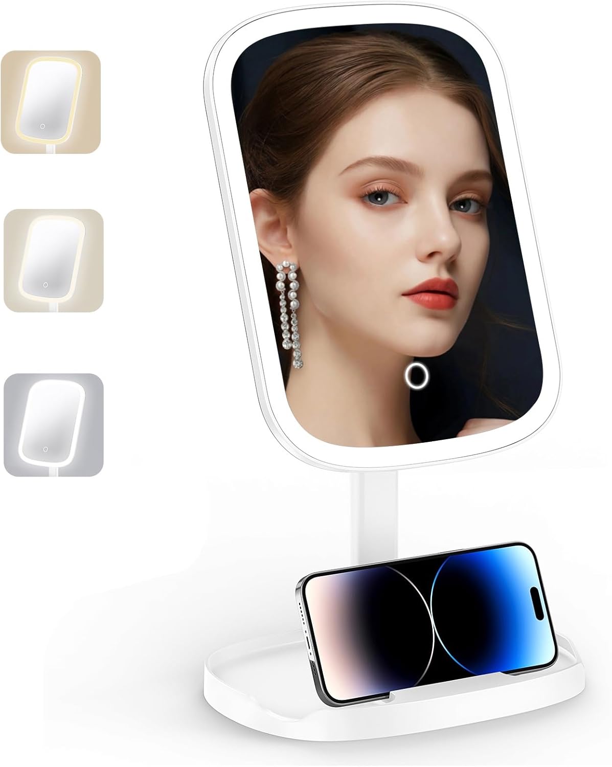 Makeup Mirror with Lights, Rechargeable Vanity Mirror with 3 Color Light, Adjustable Brightness, 360° Degree Rotation, Makeup Mirror for Beginners, Gifts for Women (White)