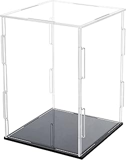 FINGERINSPIRE Acrylic Box with Black Stand and Rubber Band, 4x4 Inch Cube Clear Acrylic Display Cases for Collectibles, Self-Assembly Dustproof Countertop Box for Toys and Collections