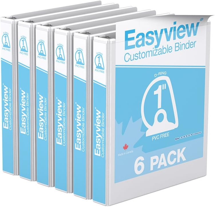 EasyView Premium 1-Inch Binders with Clear-View Covers, 3-Ring Binders for School, Office, or Home, Colored Binder Notebooks, Pack of 6, D Ring, White : Office Products