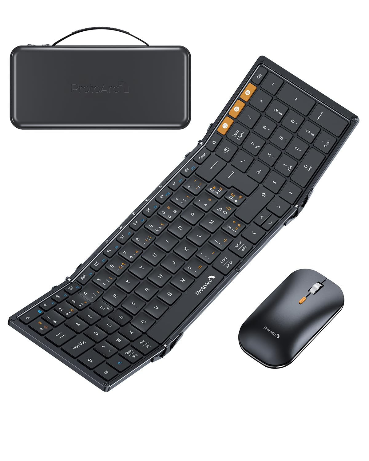 ProtoArc XKM01 Clavier Souris sans Fil Pliable, 2.4G+Dual Bluetooth | AZERTY, 105 Touches avec Pavé Numérique, Rechargeable, Etui Rigide et Support Inclus, pour iPad/Téléphone/Tablette