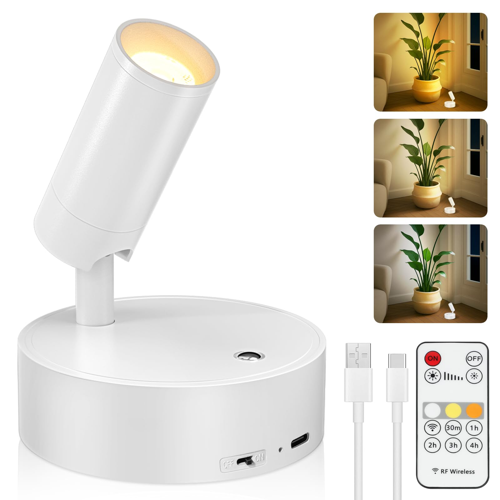 Rechargeable Plant Spotlight Wireless LED UpLight Accent Spotlight Indoor | USB-C rechargeable, 13-40hr Battery, Dimmable, Timer, 3 Color Temps, 350° Rotation, for Plants, Pictures &amp; Home Decor