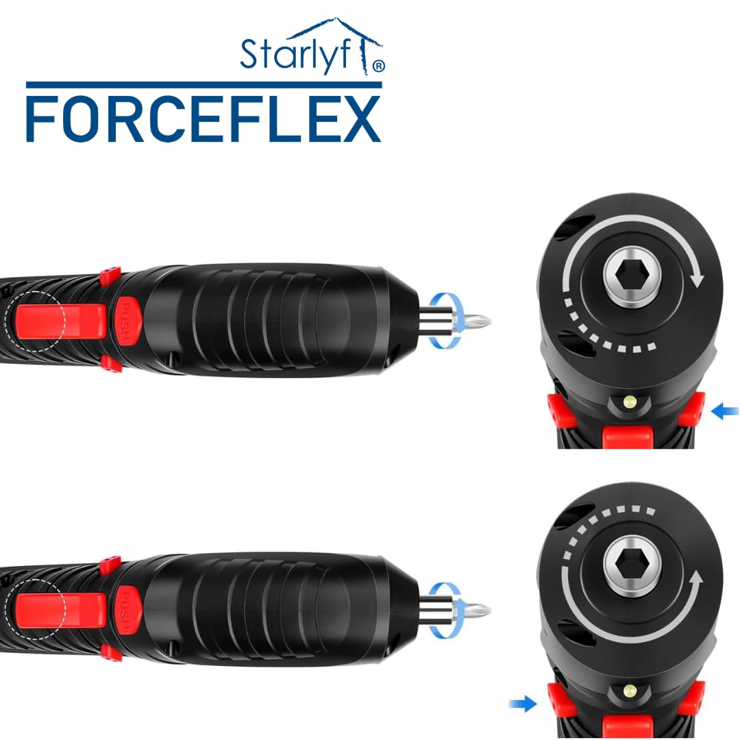 STARLYF ForceFlex - Avvitatore elettrico articolato da 3,6 V-4,2 V, senza fili e ricaricabile (USB-C), 48 pezzi con albero flessibile, valigetta, luce LED integrata, 240 giri/min