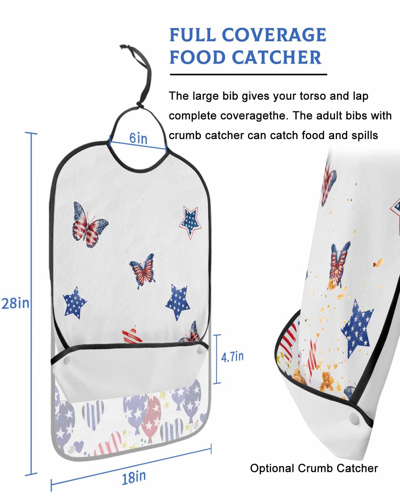 4th of July Adult Bib for Adults Men, Women, Independence Day Stripes Stars White Washable & Adjustable Terry Cloth Bib with Crumb Catcher Reusable Waterproof Clothing Clothes Protector Apron