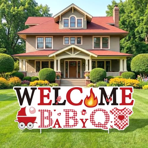 Welcome Baby Yard Sign Decorations Baby Q Baby Shower Yard Sign with Stakes BBQ Style Gender Reveal Lawn Sign for Picnic Barbecue Themed Newborn Announcement Garden Outdoor Decor (Red & Black)
