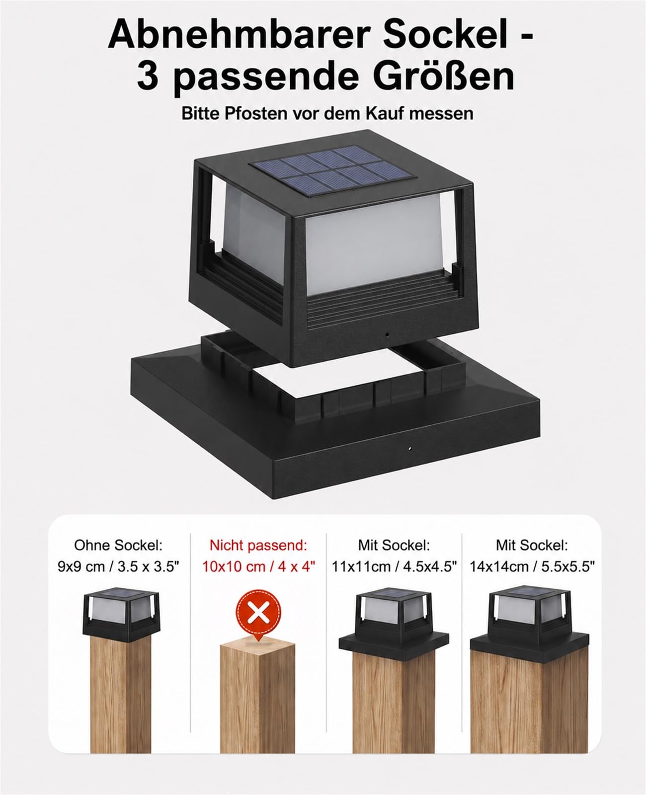 Solar Pfostenkappen Licht 2 Stück, Pfostenleuchte Solar 8x8-15x15 für Holzpfosten, 2 Lichtmodi 3000K/6000K, IP44 wasserdichte Solarleuchten für Zaun, Garten, Terrasse