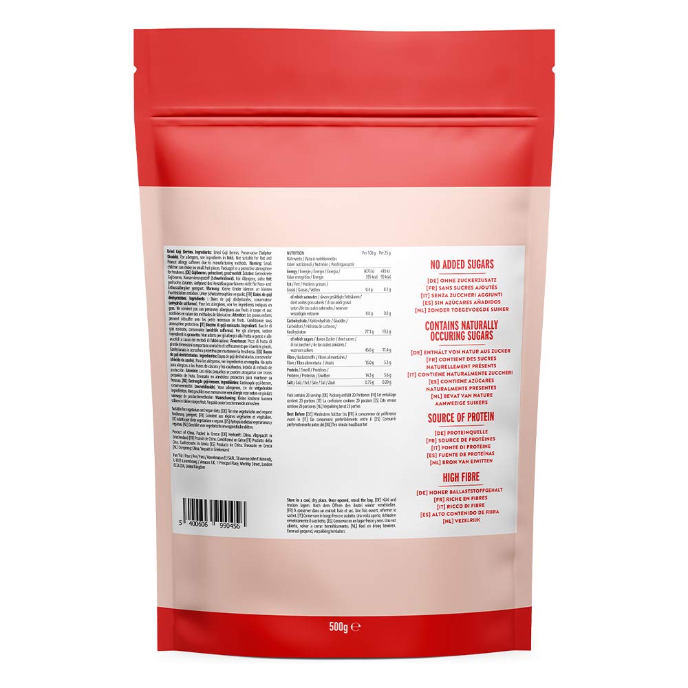 Marca Amazon - Happy Belly Bayas de goji deshidratadas, 500g, Paquete de 2