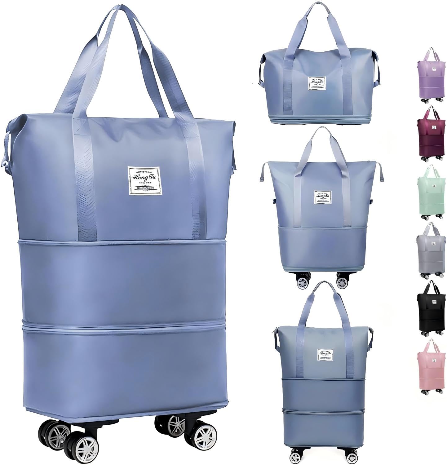 Expandable Foldable Duffle Bag with Wheels, Detachable Rolling Wheels & Telescopic Handle, Lightweight Carry On Travel Duffel Bag for Men Women,