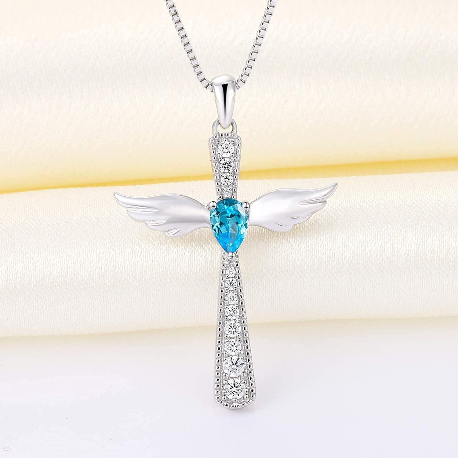 YL Collar con una cruz Ala de ángel Plata de ley 925 12 Piedras de nacimiento Circonita Colgante de ángel de la guarda para mujer, Cadena 45 + 3 CM