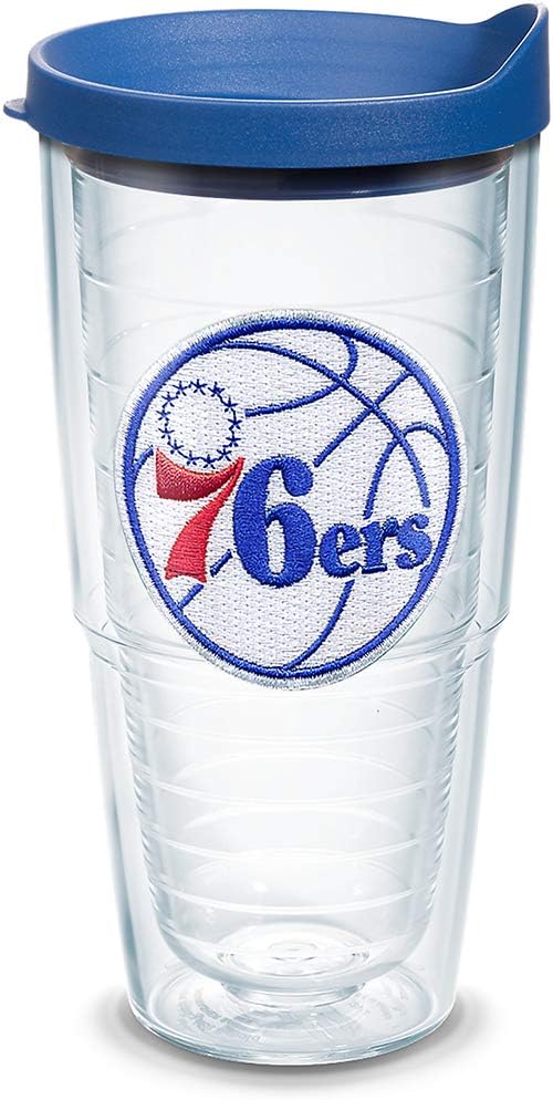 Tervis 1309227 NBA Philadelphia 76ers Primary Logo Insulated Tumbler with Emblem and Blue Lid, 24oz, Clear