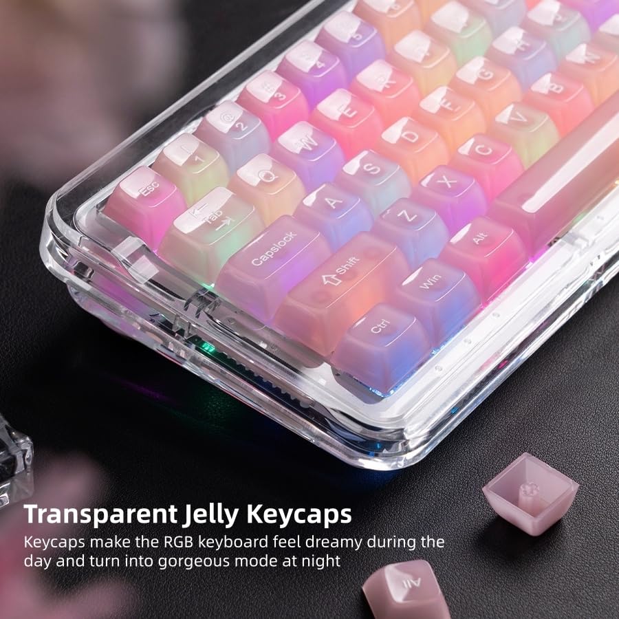 Image of Womier Keyboard Keycaps Jelly, Clear Cute Keycaps, Transparent Pink Key Cap | Custom Keycaps 60 65 75 100 Percent for Cherry MX, Kailh, Outemu, Gateron Mechanical Keyboards(MDA Profile)