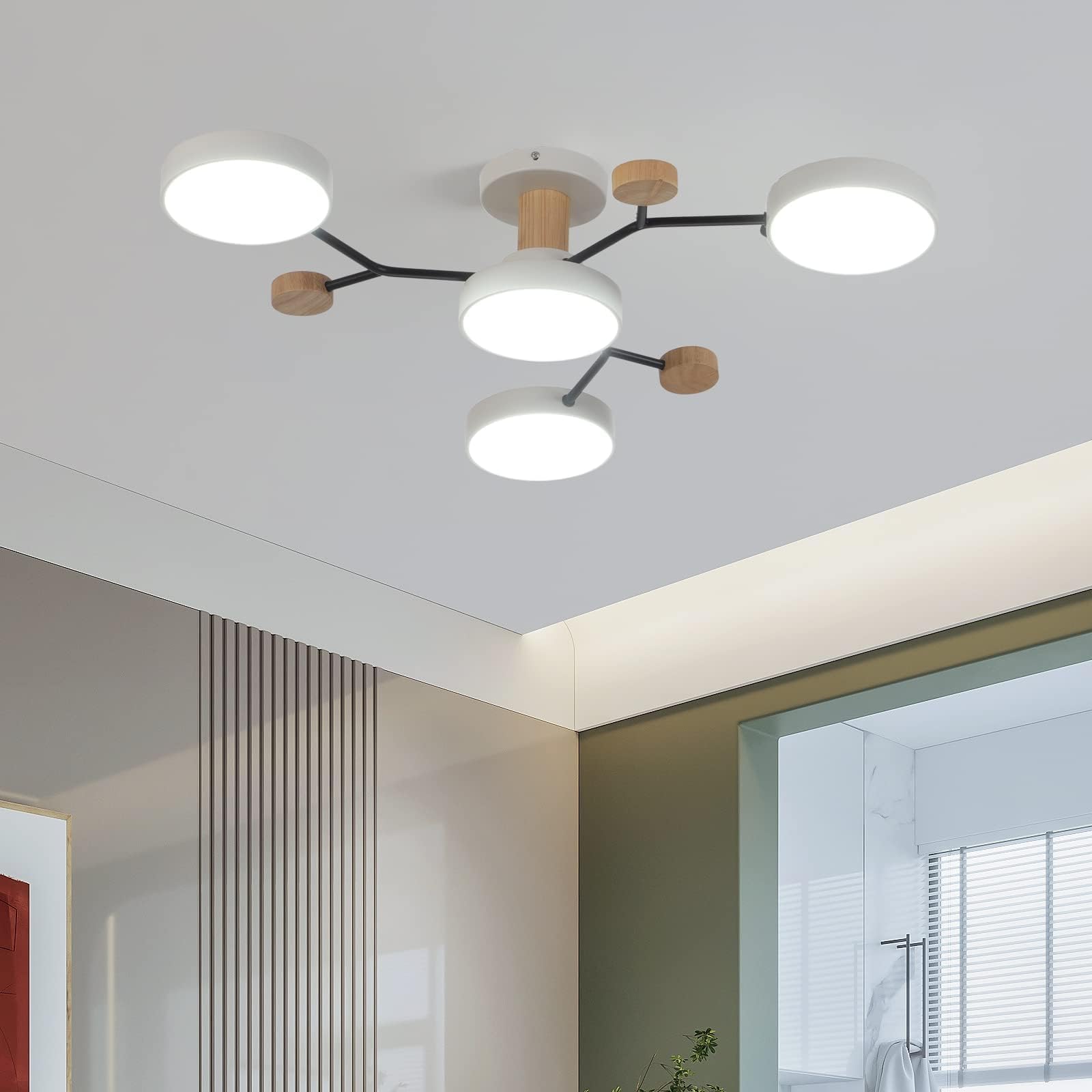 4 głowice oświetlenie sufitowe LED, 36W ciepła biel 3000K, żyrandol sufitowy z dekorem z drewna ﾘ66cm do salonu kuchnia jadalnia biuro domowe pokój dziecięcy
