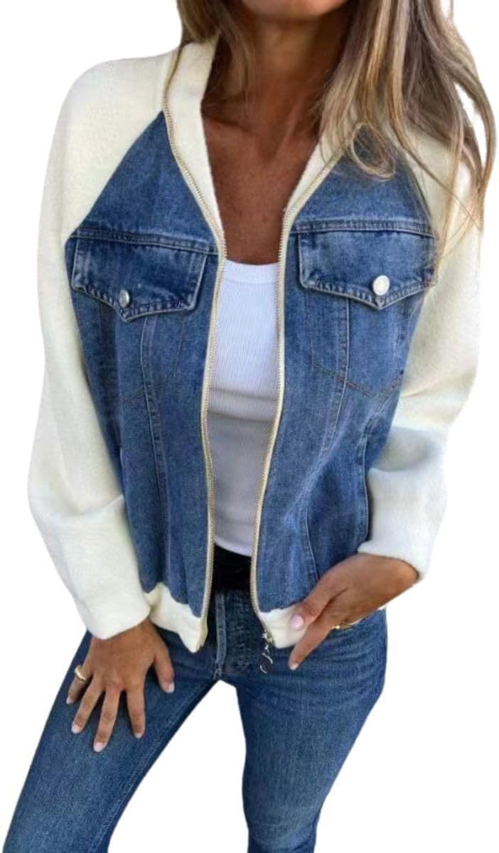 Casual Zip Up Jackets for Women Long Sleeve Lapel Patchwork Denim Jacket with Pockets Color Block Trendy Loose Fit Fall Fashion Outfits Soft Warm Fall Coats Bomber Jacket Blue S
