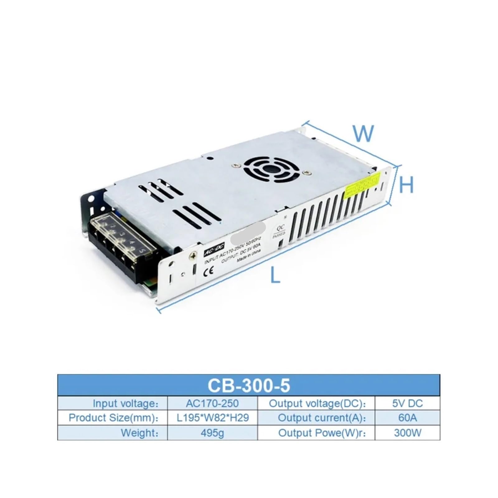 Zasilacz AC na DC 5 V, 60 A, 300 W, wejście 170-250 V, aluminiowa obudowa z wentylatorem do wyświetlaczy LED/OLED/LCD.