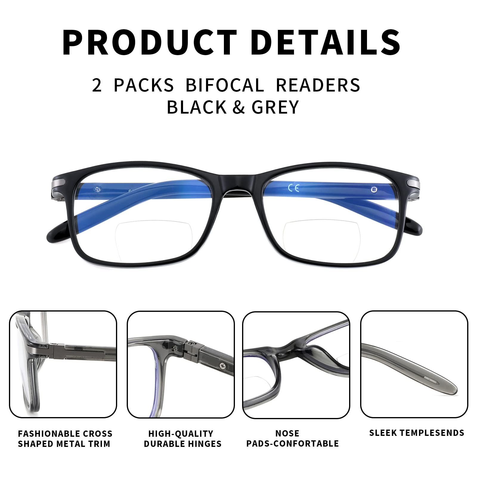 LKEYE Bifocal Reading Glasses Men Women Blue Light Blocking Computer Readers Wide Frame Progressive Eyeglasses Clear Top Fashion Designer Cheaters Transition Stylish Eyewear LK6021 +1.25