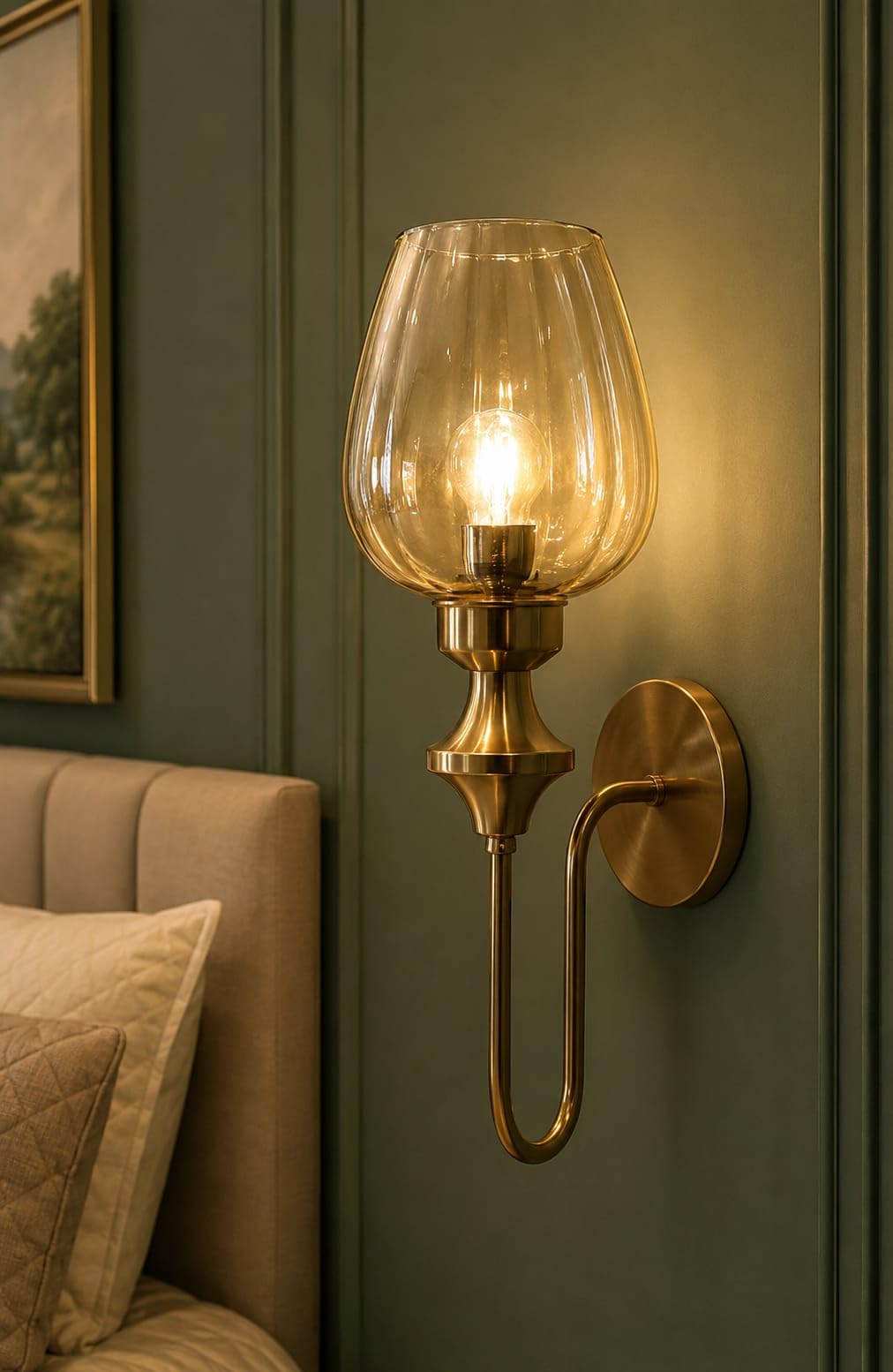 Brass Wall Sconce Light with Amber Glass Shade | Vintage Lantern Style, Warm Ambient Glow, Bedroom Wall Lamp, Gold Metal Finish, Decorative Fixture-image-43