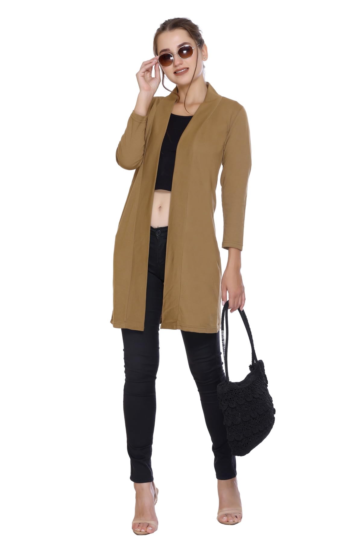 Women's Longline Open Front Cardigan | Women Waterfall Collar Front Open 3/4th Sleeves Long Cotton Shrug-picture-18