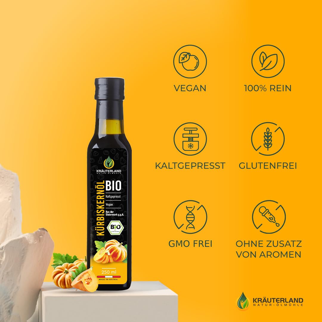 Kräuterland steirisches Bio Kürbiskernöl 4X 250ml (1Liter) geröstete Kerne | 100% naturrein, vollmundig & nussig, GVO-frei, für Salat, Suppe & Süßspeisen, mehrfach ungesättigte Fettsäuren & Vitamin E