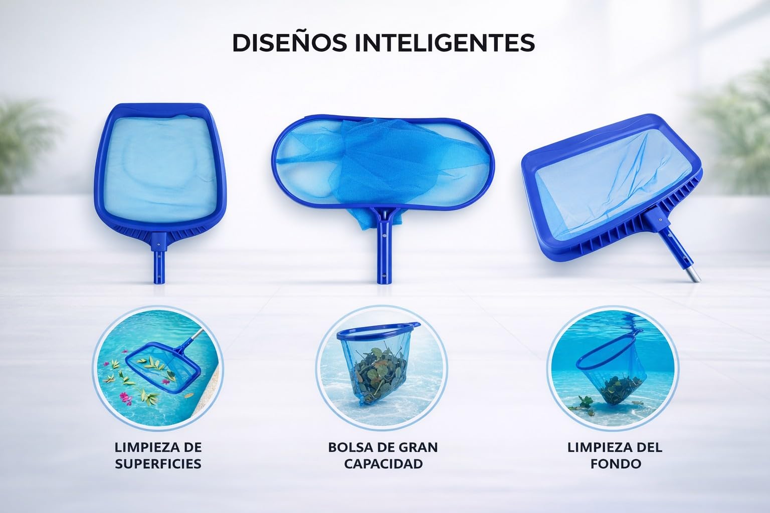 HERSIG - Recoge Hojas para Piscina de Malla Fina para Hojas, Pelos e Insectos - Limpiador con Marco Reforzado de 43x28 cm y Conexión Universal