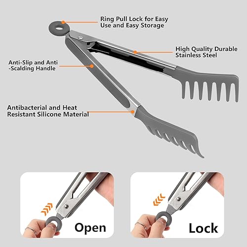 Miniatura 10 de 2 cucharas de espagueti y pinza para pasta, tenedor antiadherente de silicona de 13 pulgadas y mango de acero inoxidable de 9.8 pulgadas, pinza