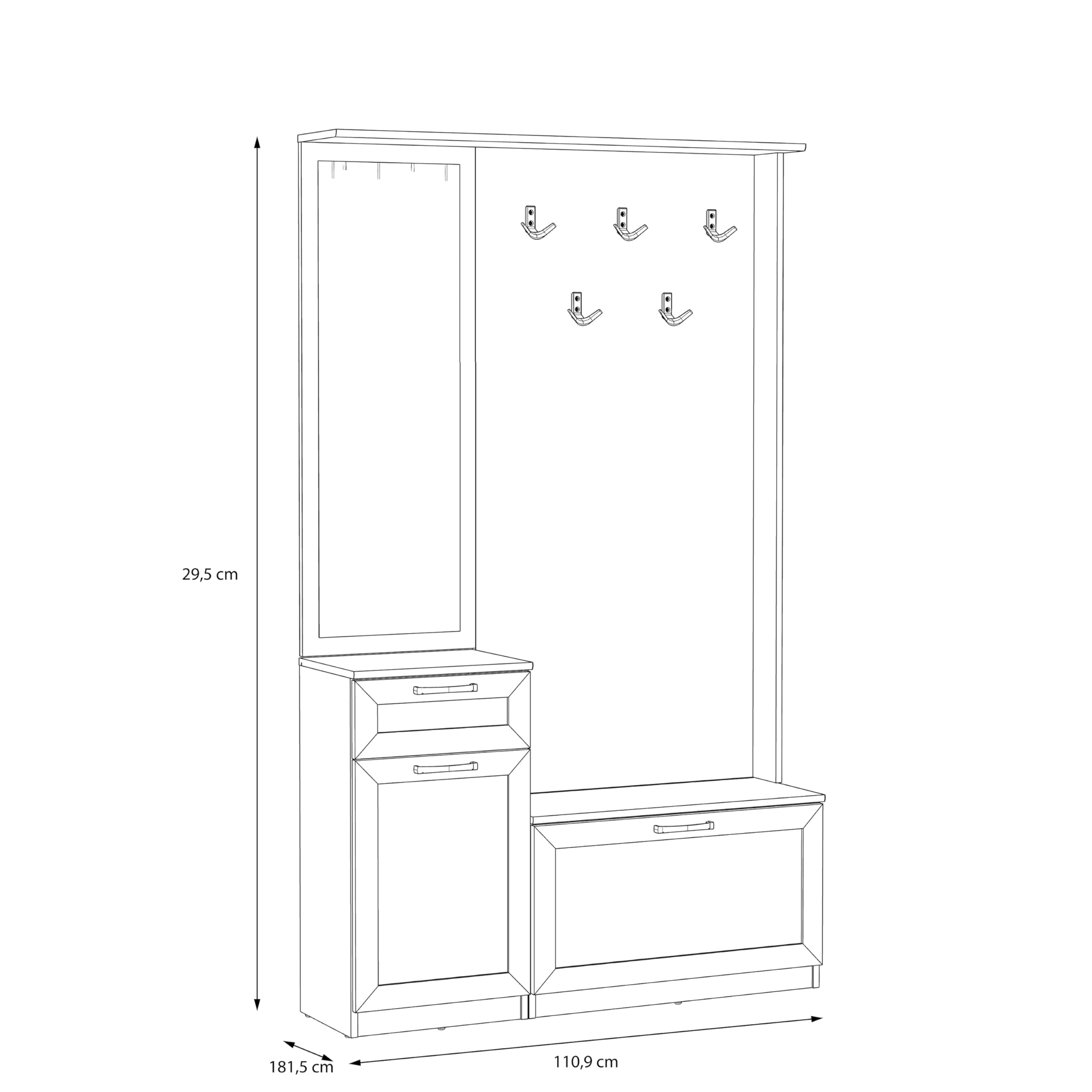 Forte NIKO Garderobe 110, Skandi-Garderobenpaneel, 1-türig, 2 Schubladen, Spiegel, Haken, Flur, Sonoma Eiche Holzdekor, 110,9 cm breit x 181,5 cm hoch x 29,6 cm tief