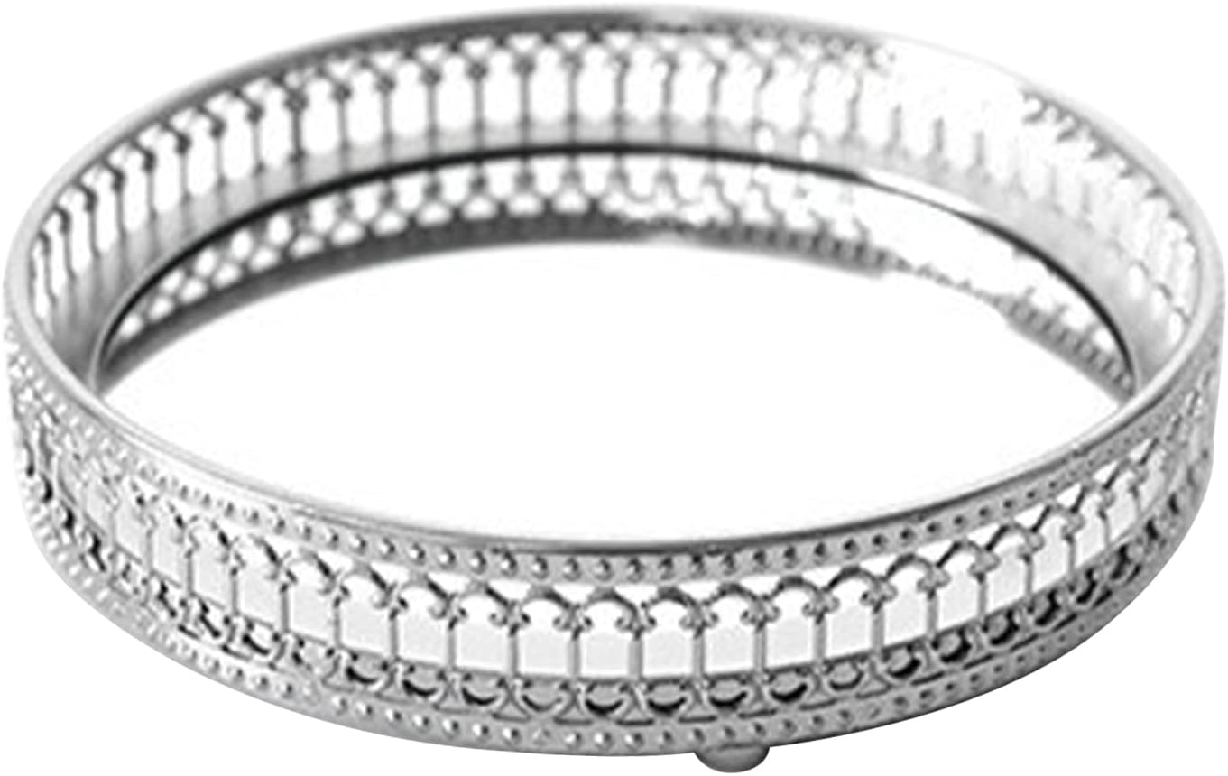 Vanity Jewelry Decor Mirror Tray Gold/Silver Perfume Tray Organizer Bathroom Glass Decorative Storage Tray for Cosmetic Jewelry Makeup Storage Tabletop(Silver Small Round)