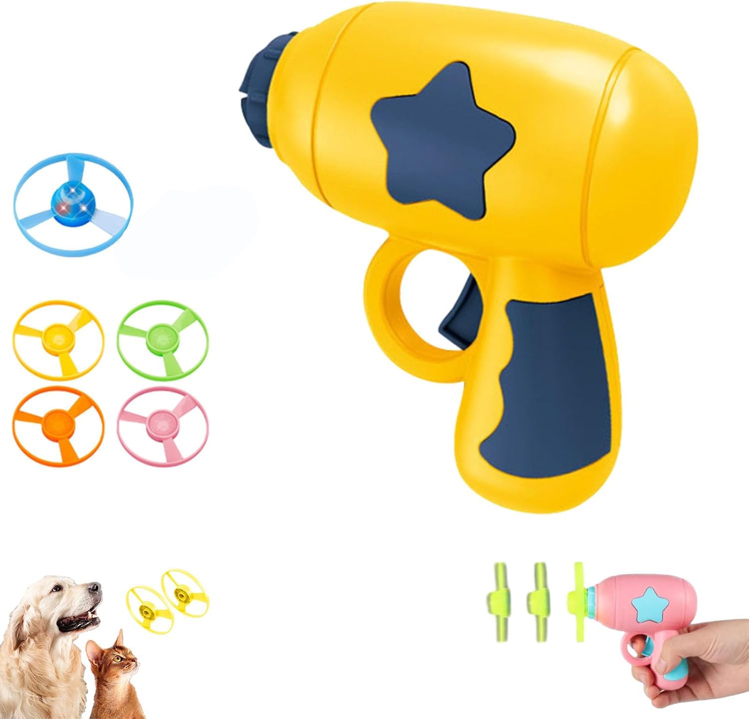 Cat Toy Launcher, Interactive LED Flying Disc Cat Fetch Toy, Propeller Bamboo Dragonfly Catapult Pistol Saucer Blaster Set for Indoor Outdoor Cats Training and Chasing (Blue) — view 8