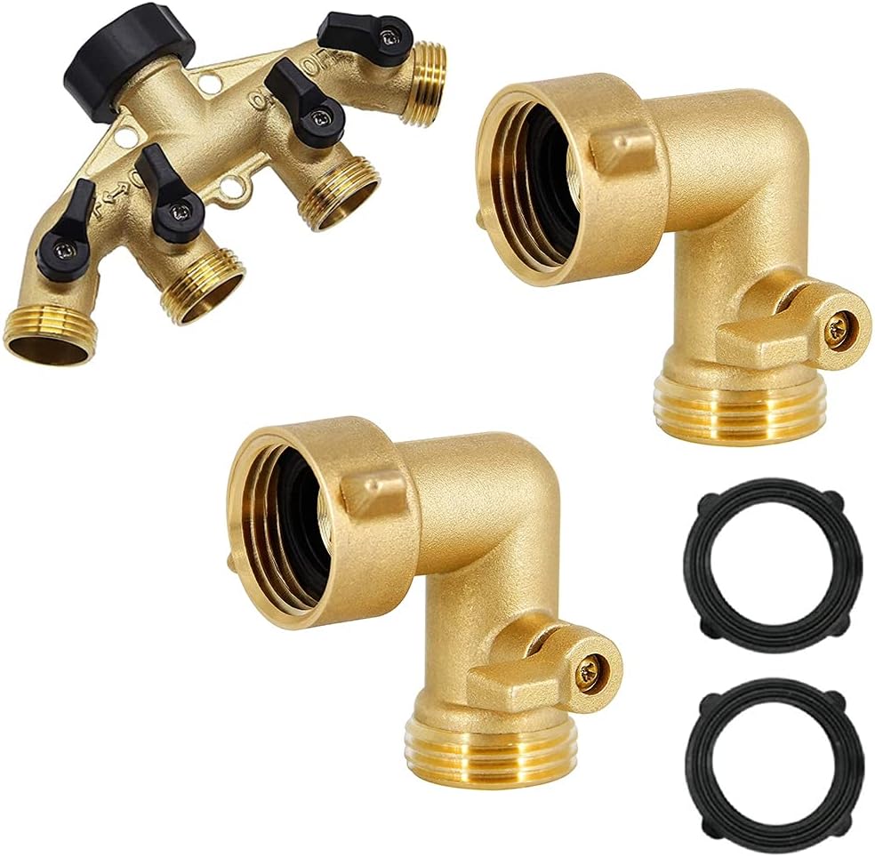 Twinkle Star Hose Splitter 4 Way | 90 Degree Garden Hose Elbow with Shut Off Valve, 2 Pack