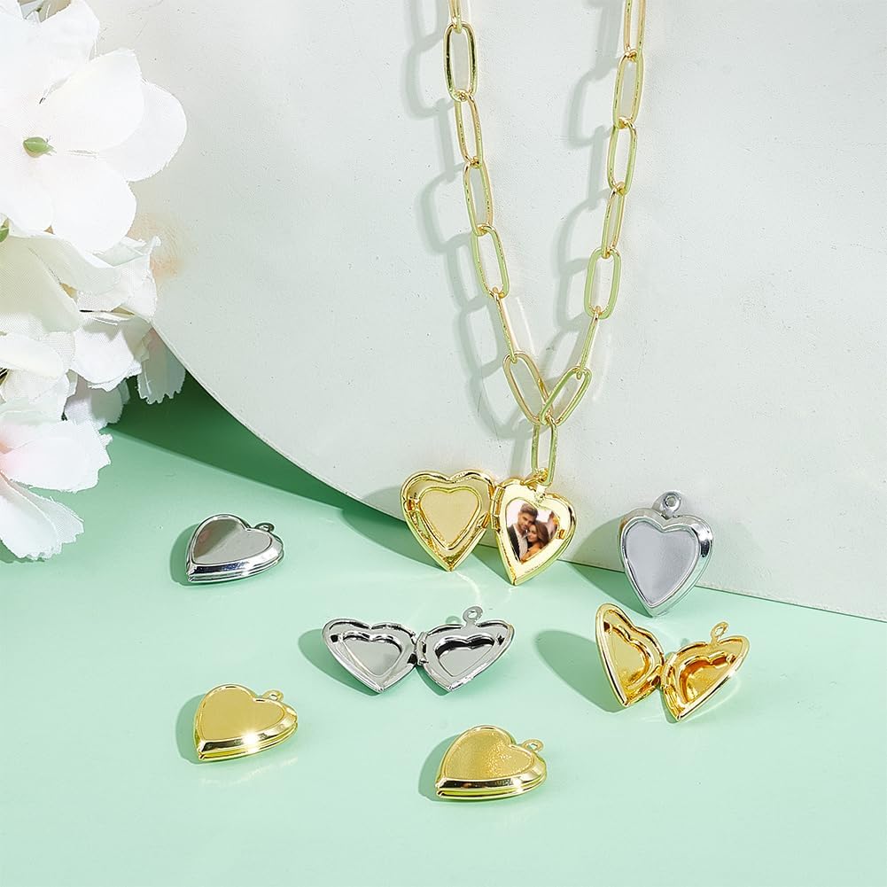 UNICRAFTALE 16pcs 2 Colors 18K Gold Plated Heart Photo Frame Pendant Charms Memory Locket Picture Frame Bouquet Charms for Photo or Decoration Necklace Jewelry Making - Image 2