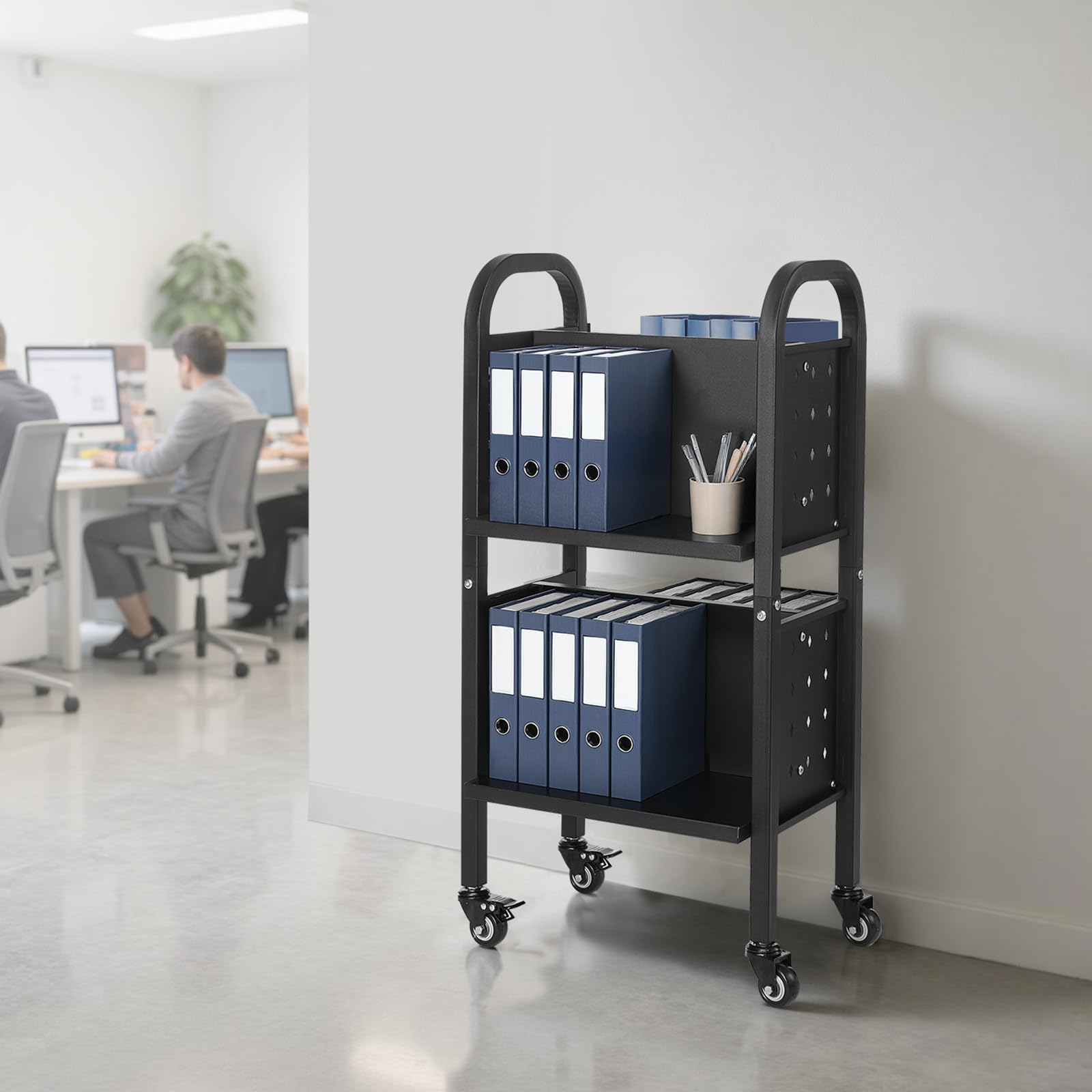 VEVOR Carro para Libros de 2 Niveles Estantería de Libros con Ruedas 45 x 33 x 88 cm Estante de Almacenamiento en Forma de L Doble Caro Carro Rodante para Biblioteca, Oficina, Escuela, Negro