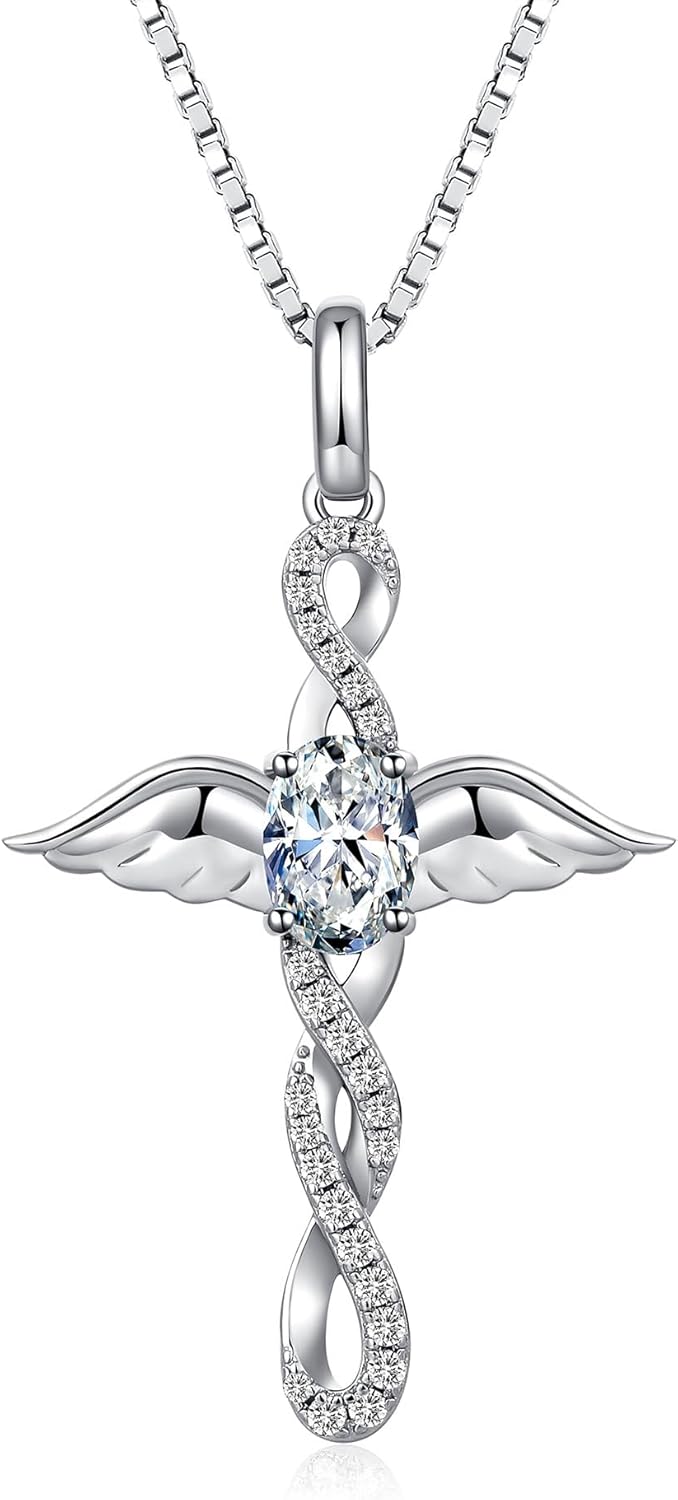 Silver Angel Wing Cross Pendant Purple Infinity Cross Necklace for Ladies AAAAA Cubic Zirconia Infinity Cross Necklace Religious Cross Jewelry Christian