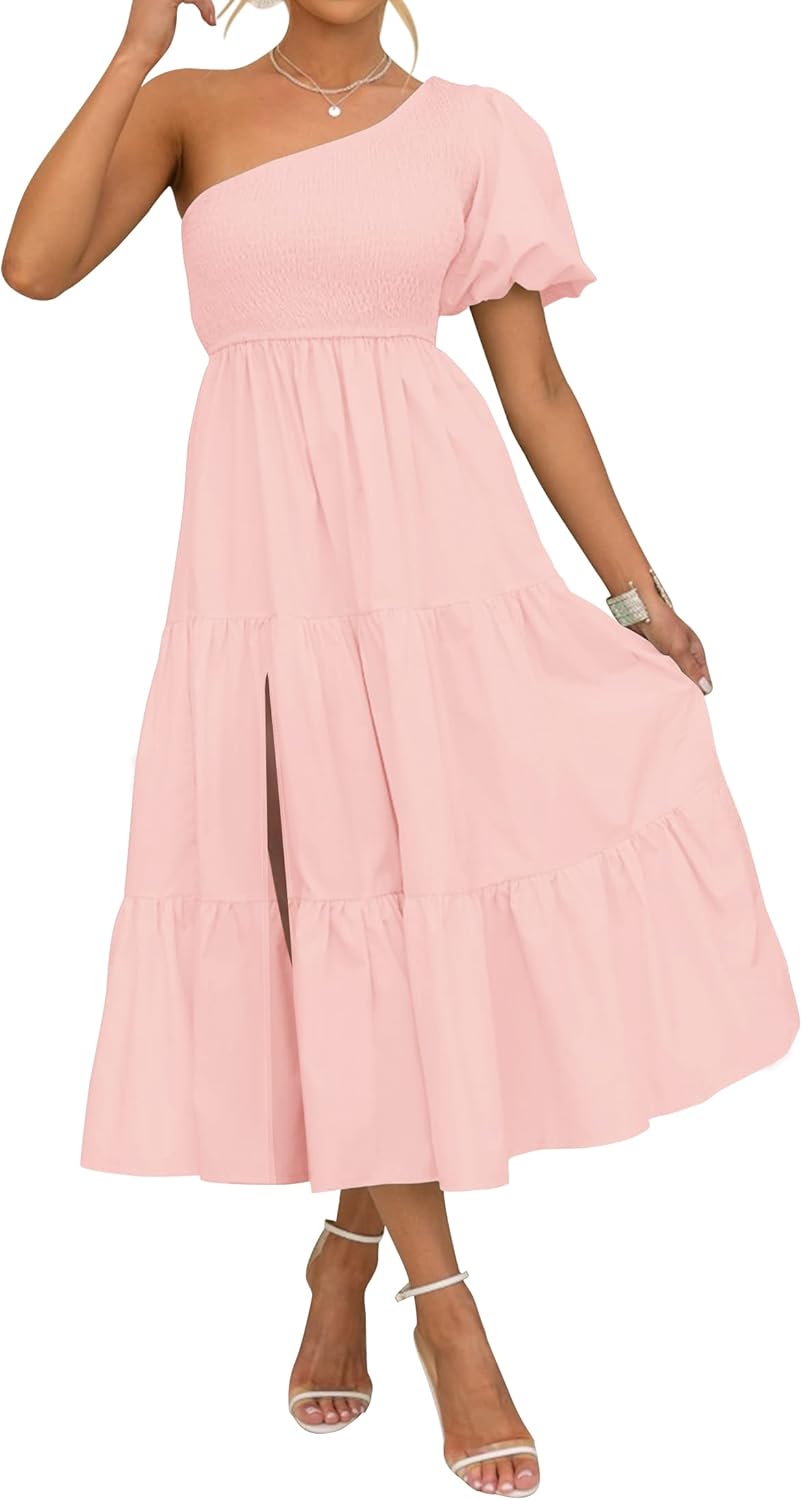 ZESICA Women's Boho Summer One Shoulder Short Sleeve Smocked Side Split Ruffle Swing Midi Dress