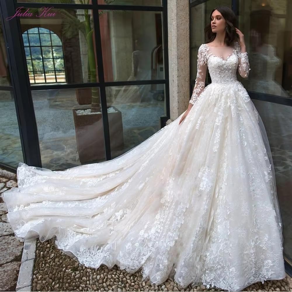 Jorshiman Long Sleeve Wedding Dresses for Bride Princess A Line Wedding Ball Gown Tulle Lace Beach Bridal Gowns with Train - Image 4