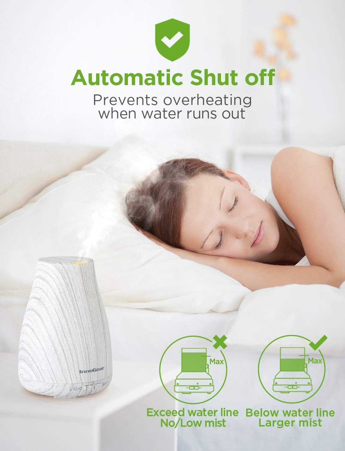 InnoGear Essential Oil Diffuser showing automatic shut-off feature