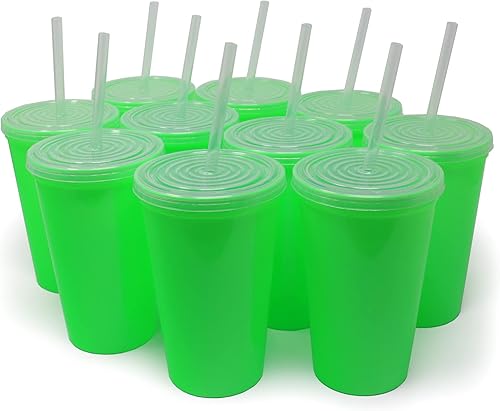 Rolling Sands Vasos de Plástico Reutilizables de 22 oz con Tapas, Paquete de 10, Vasos Térmicos Verde Lima Fabricados en EE.UU. Incluye 10 Pajitas