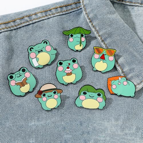 Image of 8 Pieces Green Brooch Pin Pack Fun Frog Emoji Brooch Happy Frog Charm Cute Jewelry Charm Enamel Frog Anime Pins For Backpack Jacket Pins for Teens