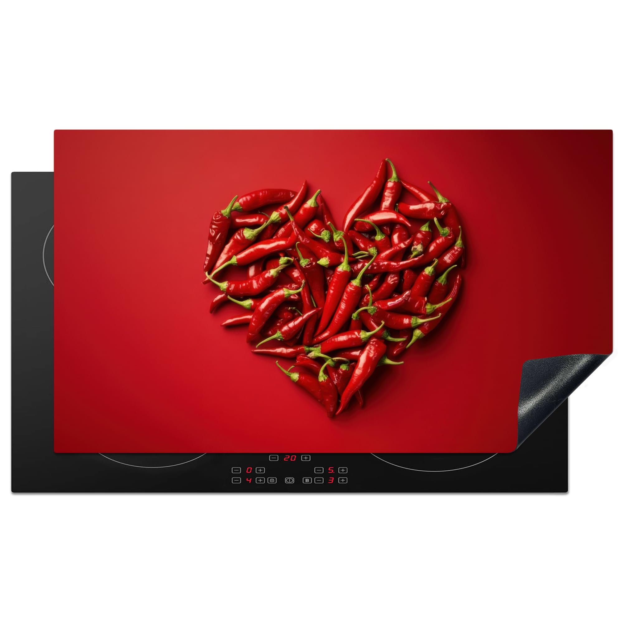 KitchenYeah© Induction Hob Cover Protector Mat 20.3"x35.3" / 89.6x51.6 cm Kitchen Universal Ceramic Covers for Electric Cookers Vinyl Peppers - Red - Heart
