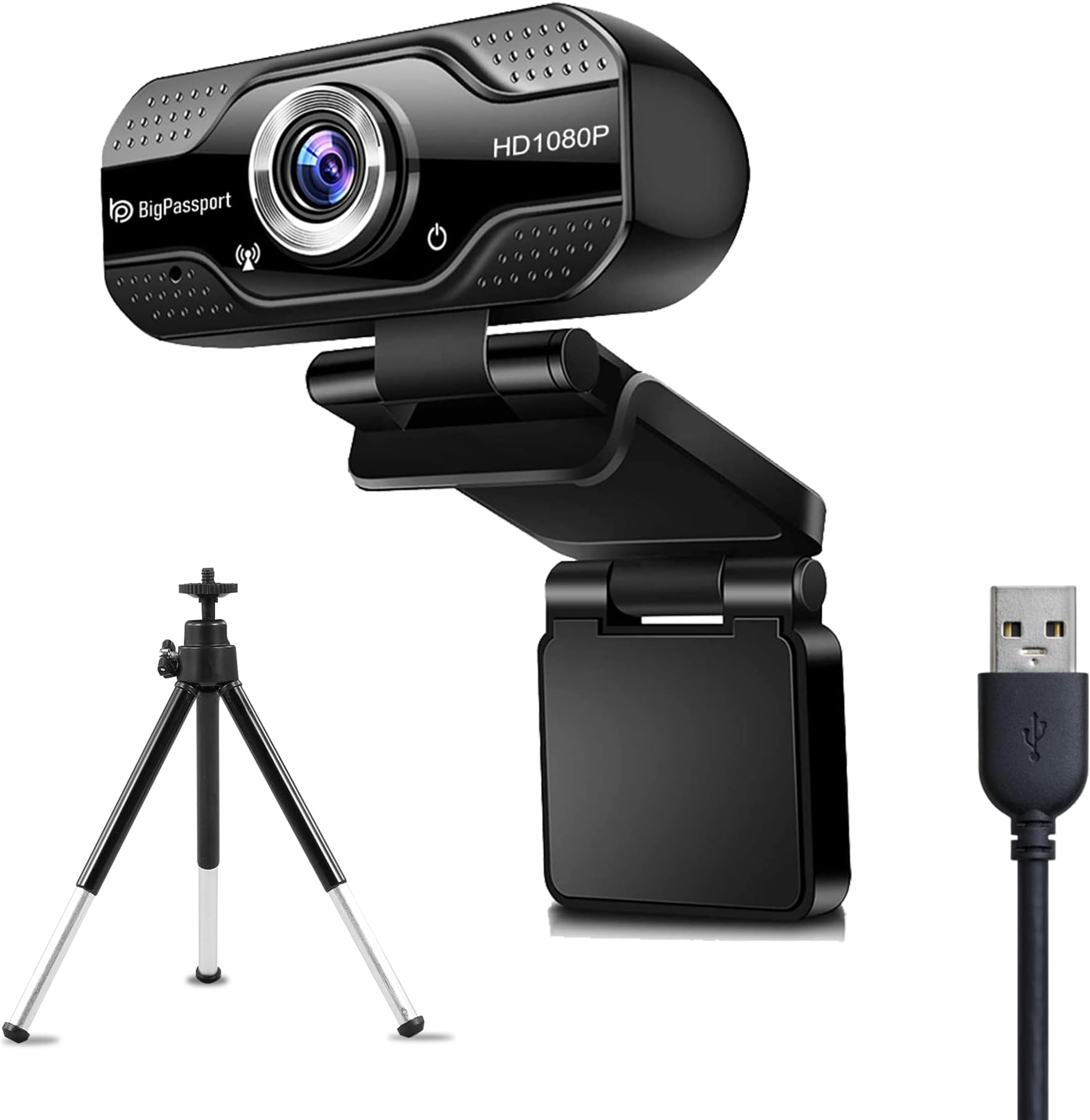 BigPassport 1080P Full HD Webcam with Mic | USB Camera for Laptop, PC, Video Calling, Online Classes, Zoom, Skype – Night Vision 3P Lens, 30 FPS Streaming – Plug & Play