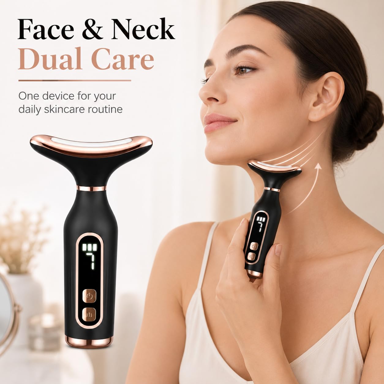 Massaggiatore viso nero ricaricabile, dispositivo di lifting facciale 7 in 1 con calore a 45 °C e terapia della luce LED, strumento elettrico per rassodare la pelle del collo, mascella del collo