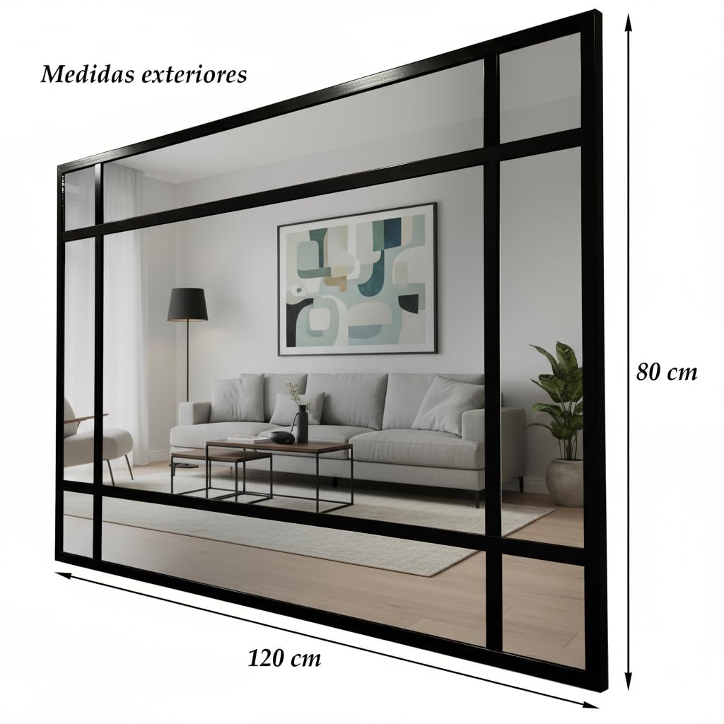 Espejo Ventana, Espejo Industrial, Estilo Danés, Aluminio Negro 120 x 80 cm